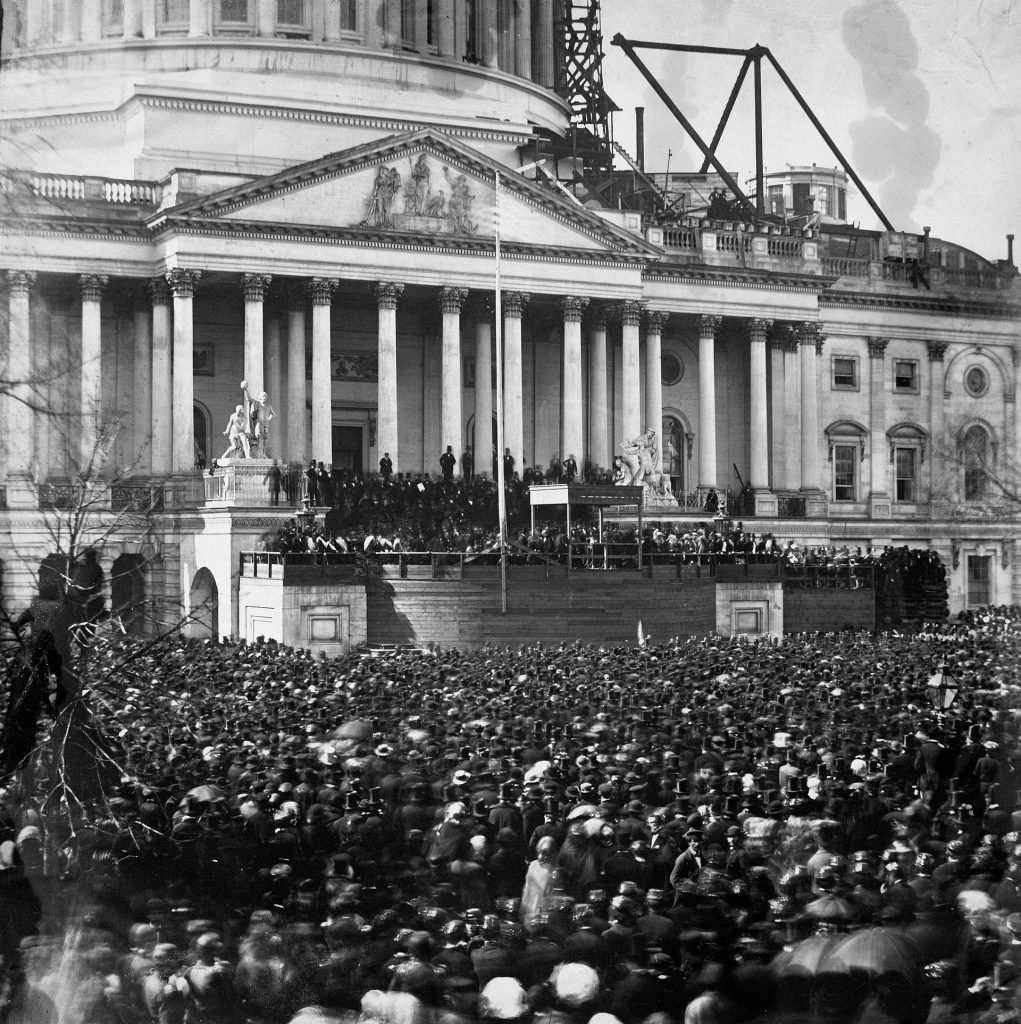 Abraham Lincoln gives his first inaugural address on the steps of the Capitol
