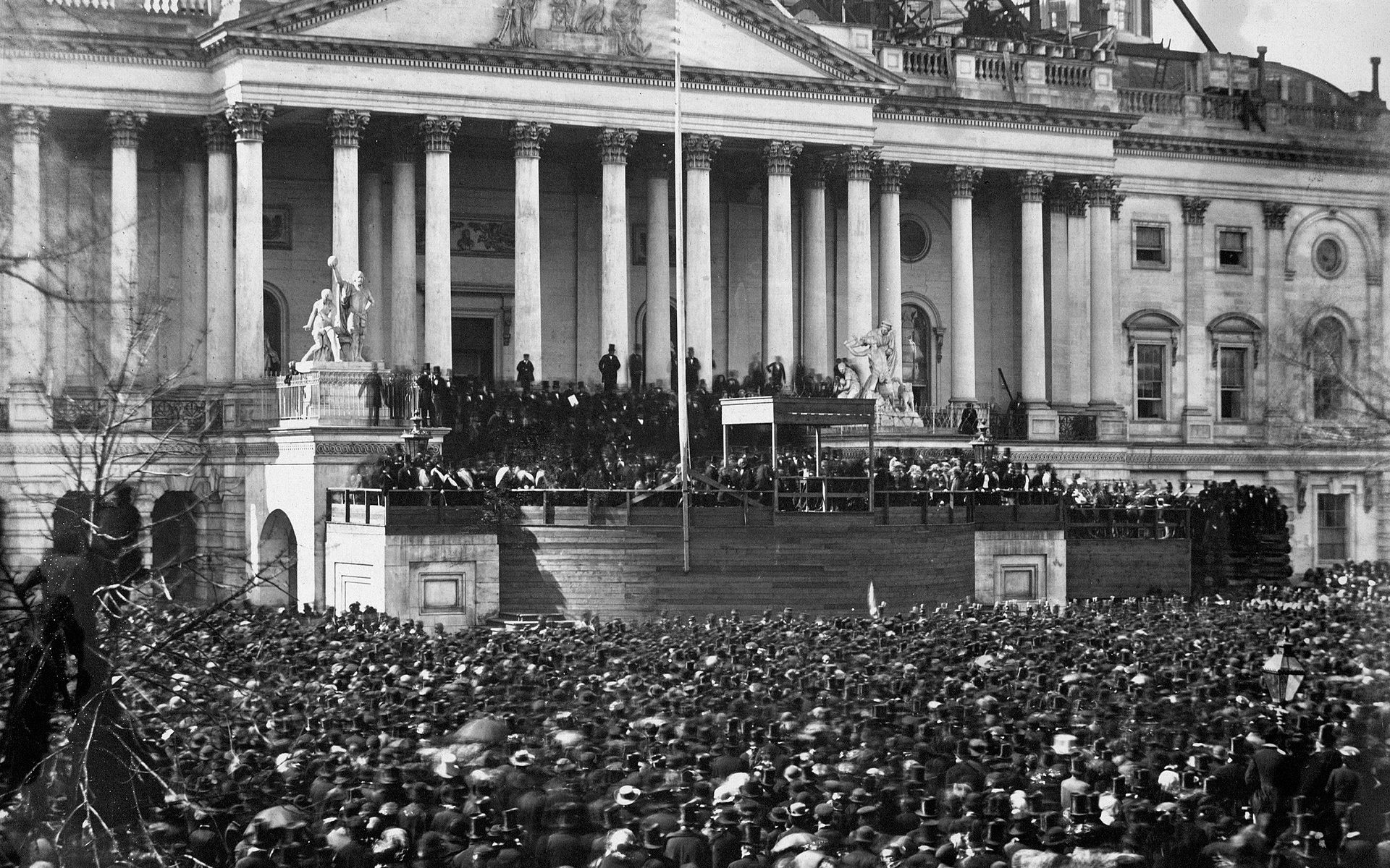 Abraham Lincoln gives his first inaugural address on the steps of the Capitol